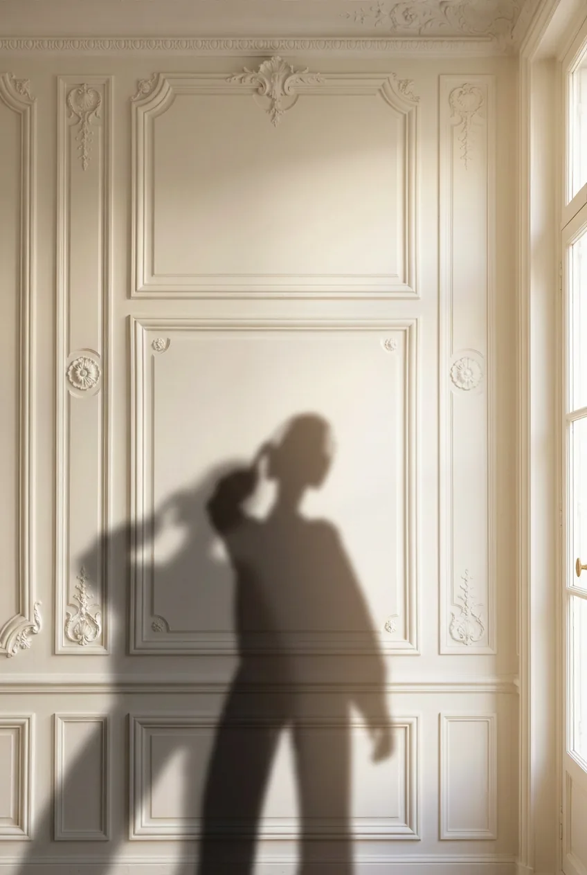 Ombre d’une femme au casque audio sur un mur de moulures