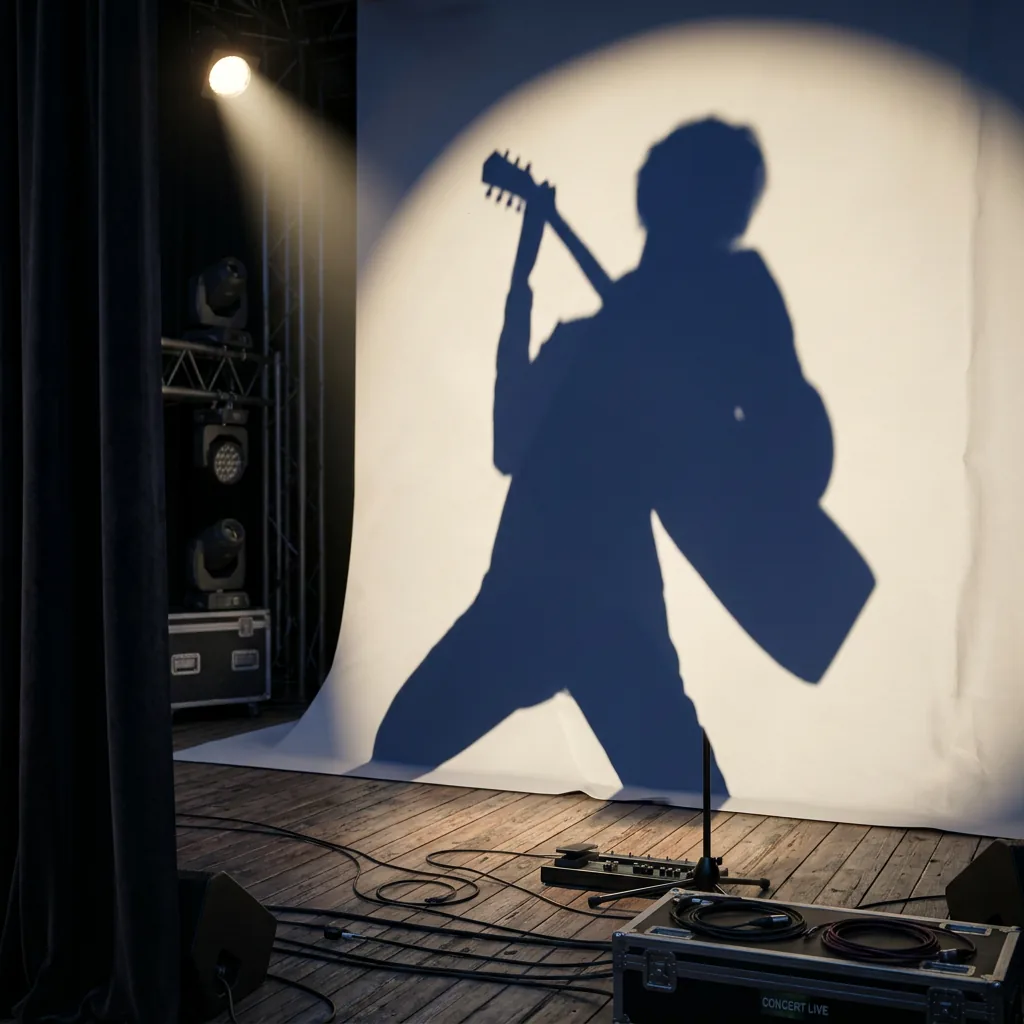Ombre d’un guitariste sur scène, dans la lumière d’un projecteur