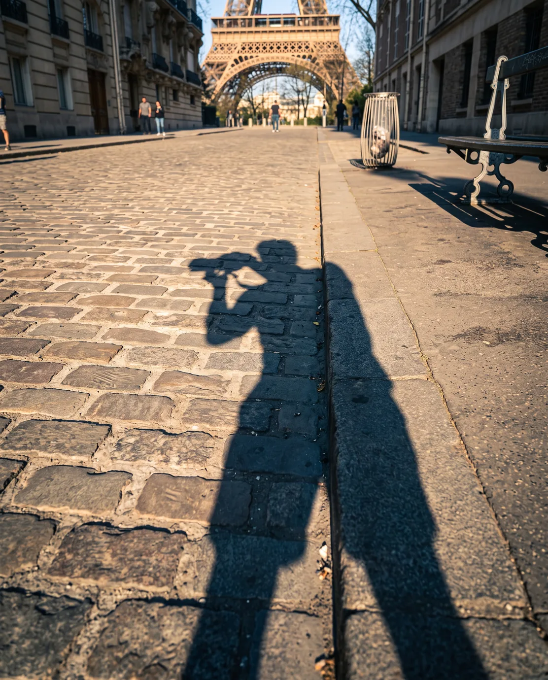 Ombre d’un photographe sur les pavés d’une rue parisienne, tour Eiffel en arrière-plan